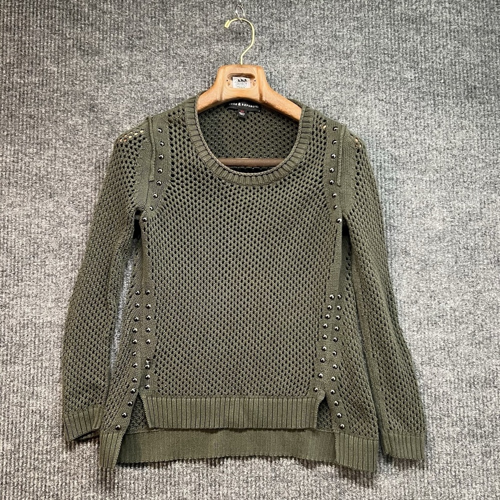 Rock & Republic Sweater Womens XS Green‎ Open Knit Long Sleeve Beaded Grunge